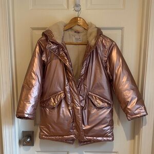 J. Crew rose gold Girls' metallic fishtail parka with PrimaLoft. Size M